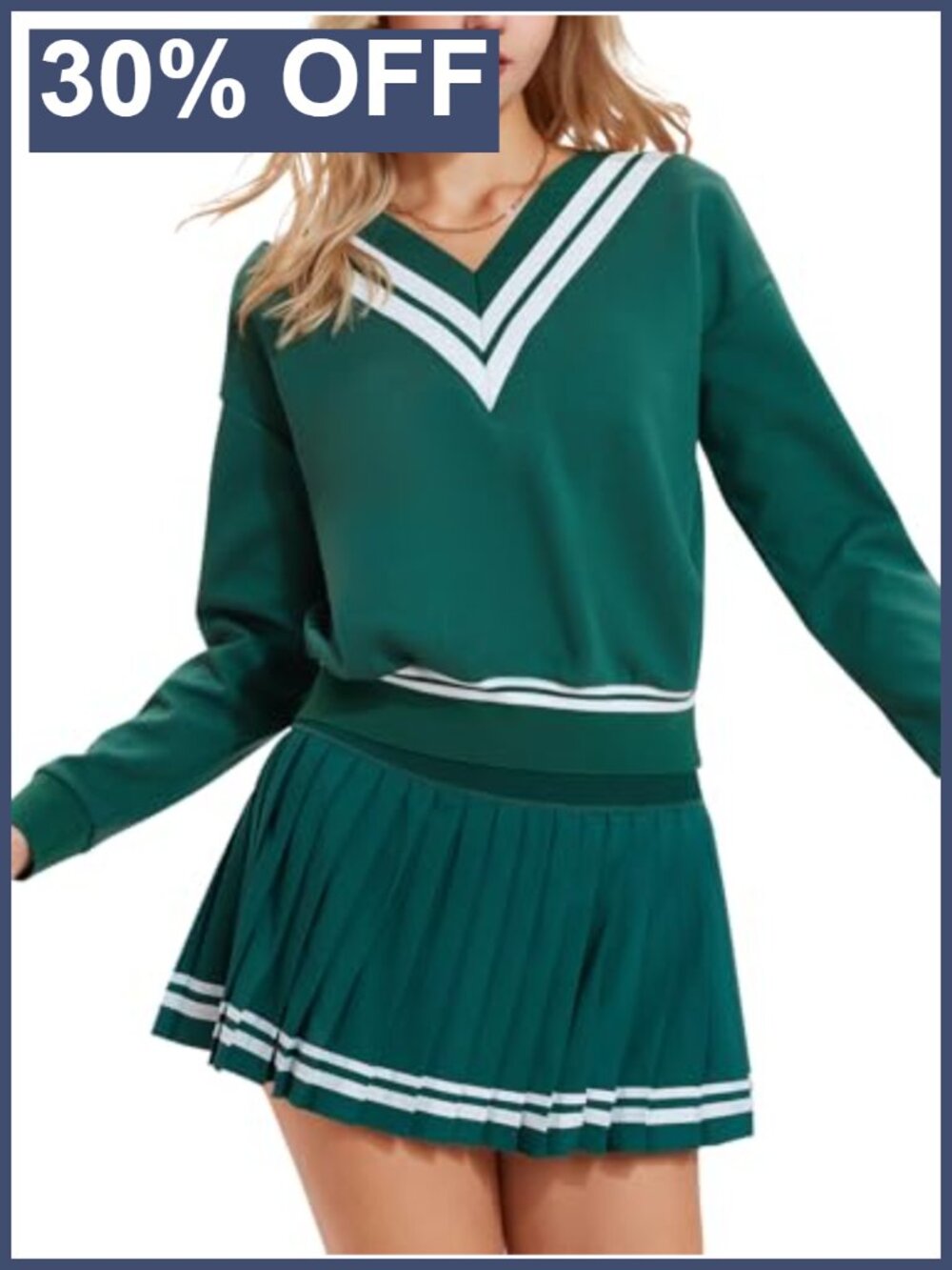 Women 2 Piece Tennis Skirt Set V-Neck Sweatshirt Pleated Skort
